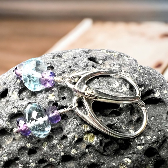 Natural Sky Blue Topaz, Purple Sapphire Earrings Handcrafted Sterling Silver - Picture 2 of 7